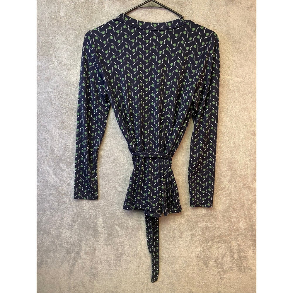 Ann Taylor Navy Blue Green Floral Tulip Faux Wrap Tie Waist Top Blouse Size S - Picture 5 of 5